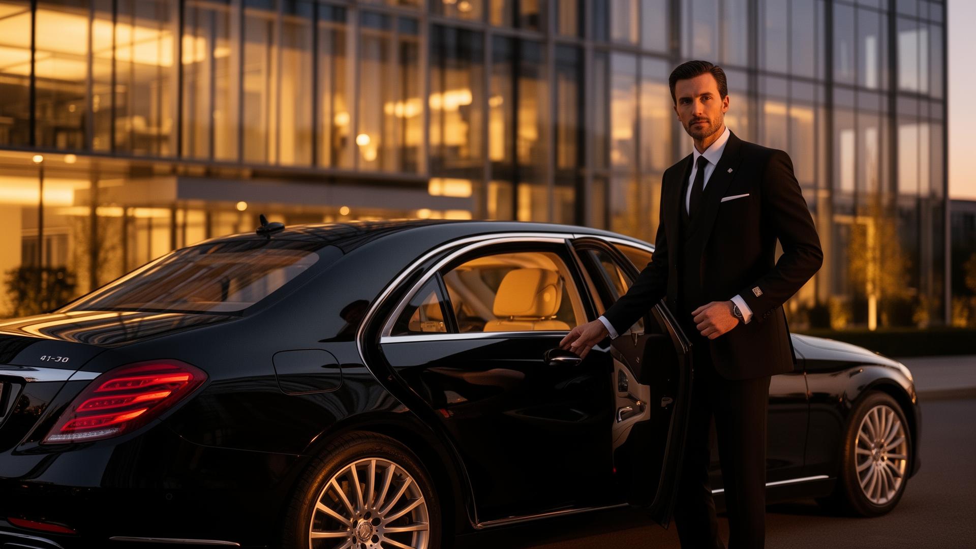 Chauffeur professionnel ouvrant la portière d'une Mercedes Classe S de luxe